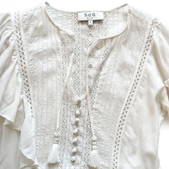 Sea New York Tie Neck Mini Dress White Size 4 Ruffle, Pom-Pom & Tassel Accents - Picture 3 of 14